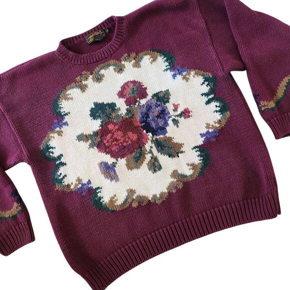 Vintage 90s Eddie Bauer Sweater Large Oversized Heavy Knit Floral - Picture 1 of 4